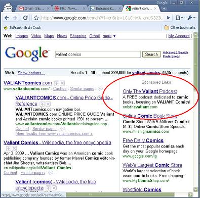 My add shows up in a search for "valiant comics" (click to enlarge)